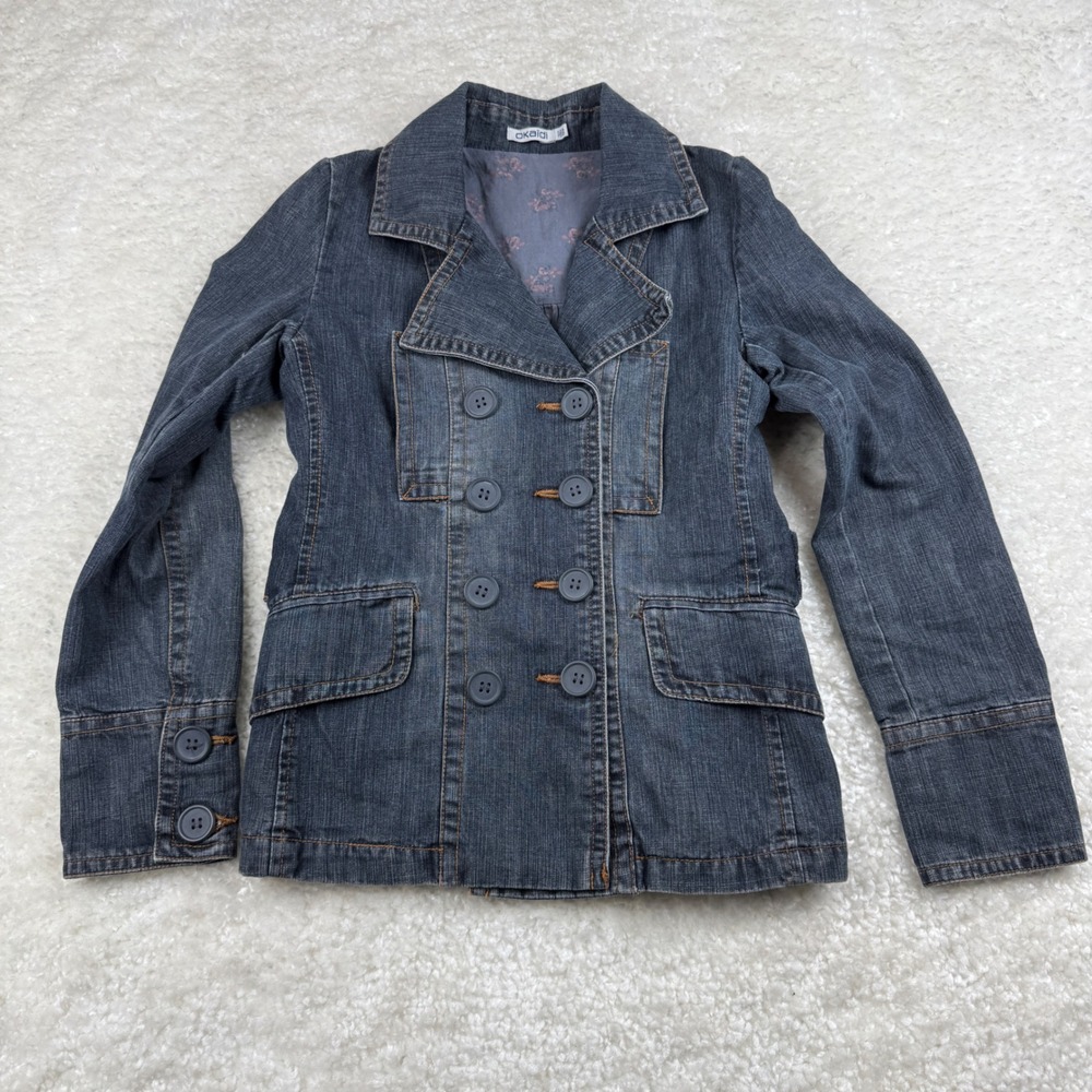 Okaidi Denim Jacket Kids 12 Blue Double Breasted Pea Coat French Designer